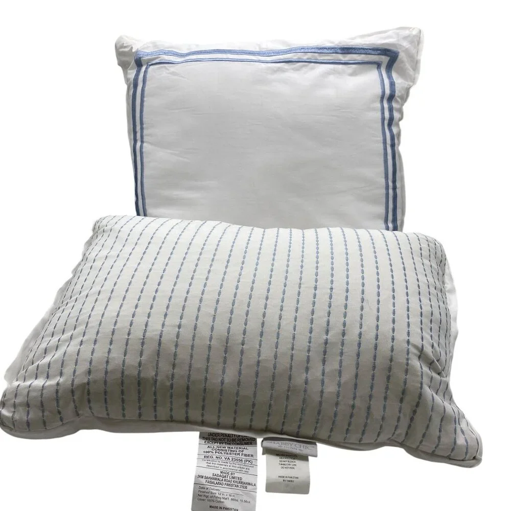 Shabby Chic throw pillow lot white blue embroidered trim cotton pair lot 2 bedro